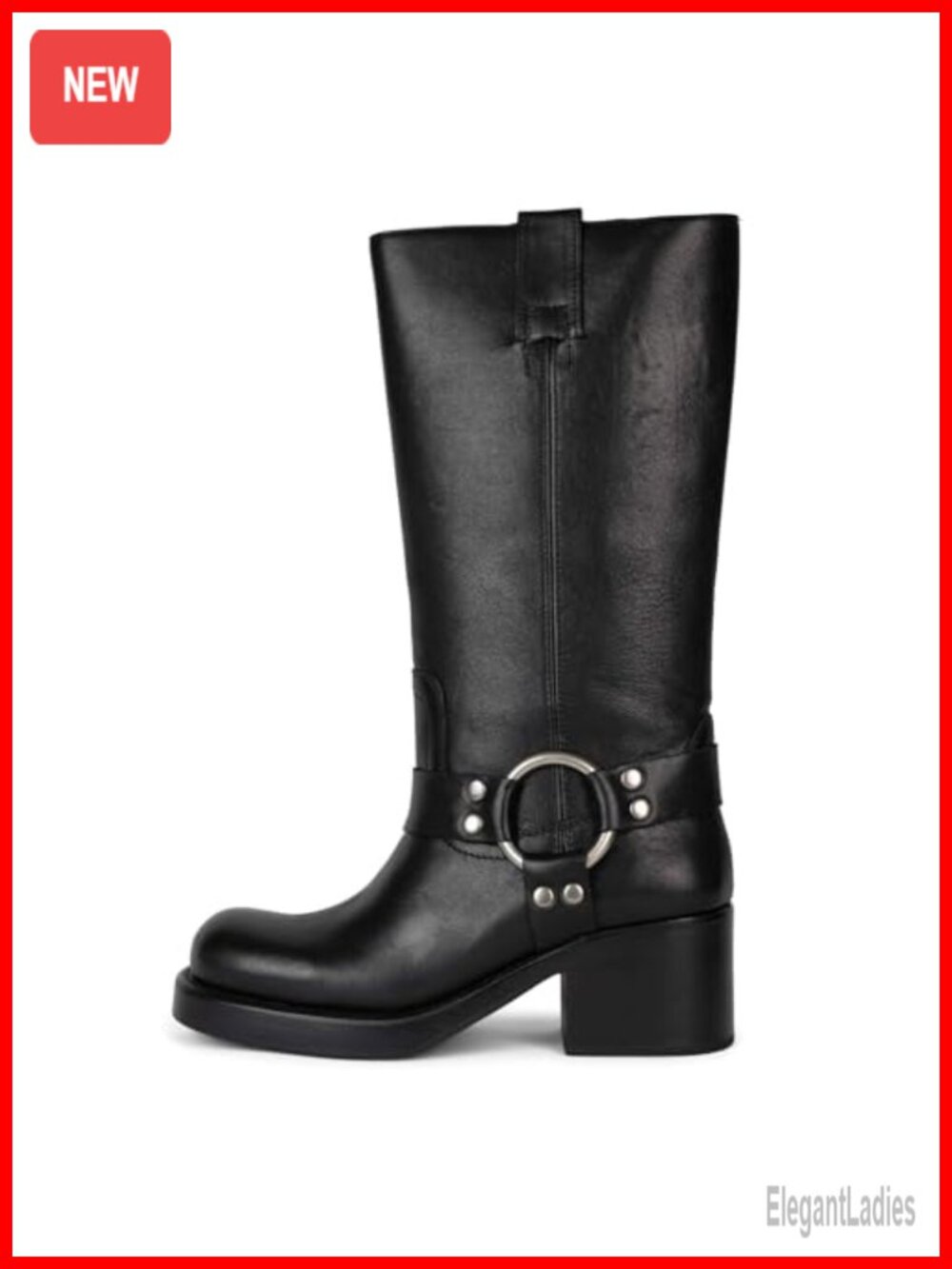 Studded Knee High Boots Chunky Heel Square Toe Riding Motorcycle Boots